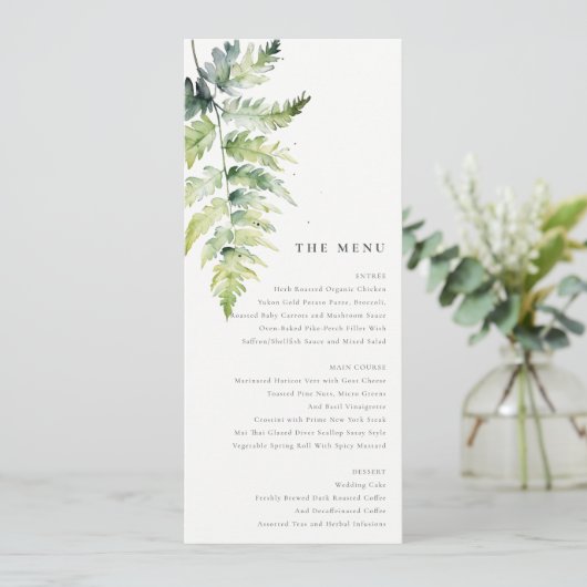 Menu Mariage Minimal Vert Aquarelle Fern Foliage (Debout devant)