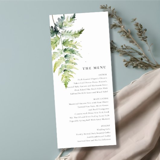 Menu Mariage Minimal Vert Aquarelle Fern Foliage