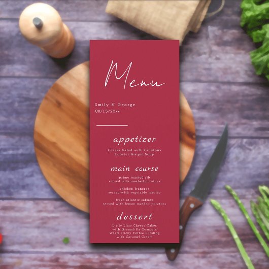 Menu Mariage minimal Viva Magenta à script simple moder