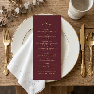 Menu Mariage minimaliste bordeaux or script dîner