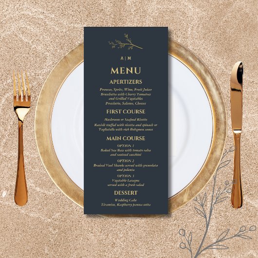 Menu Mariage Minimaliste Botanique Monogramme Charbon