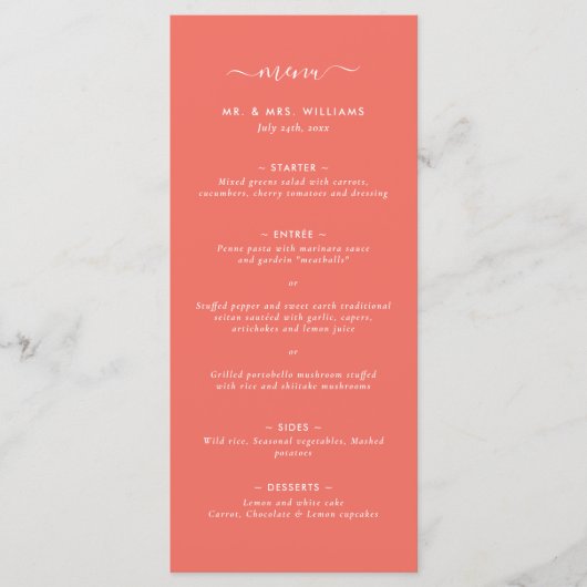 Menu Mariage minimaliste Coral moderne (Devant)