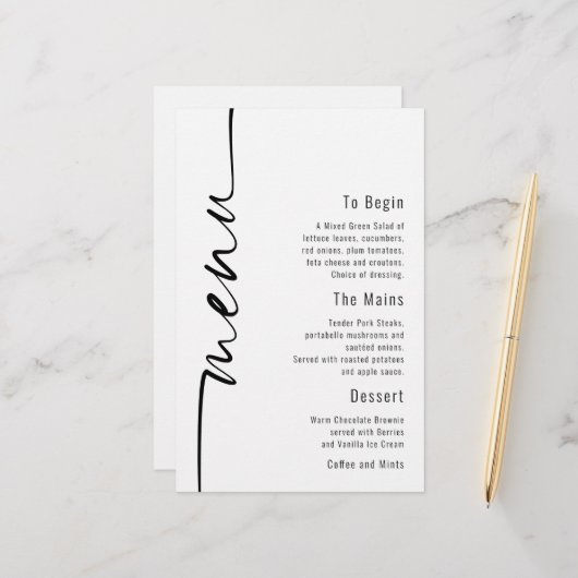 Menu Mariage minimaliste de calligraphie budgétair (Devant/Arrière en situation)