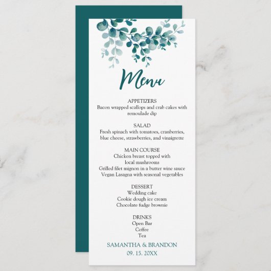 Menu Mariage minimaliste de verdure eucalyptus (Devant / Derrière)