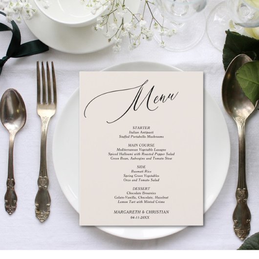 Menu Mariage minimaliste du sable économique