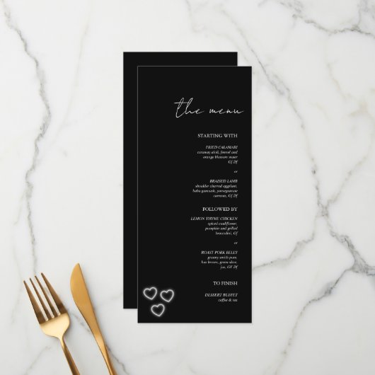 Menu Mariage Minimaliste Élégant Noir & Blanc (Devant/Arrière en situation)
