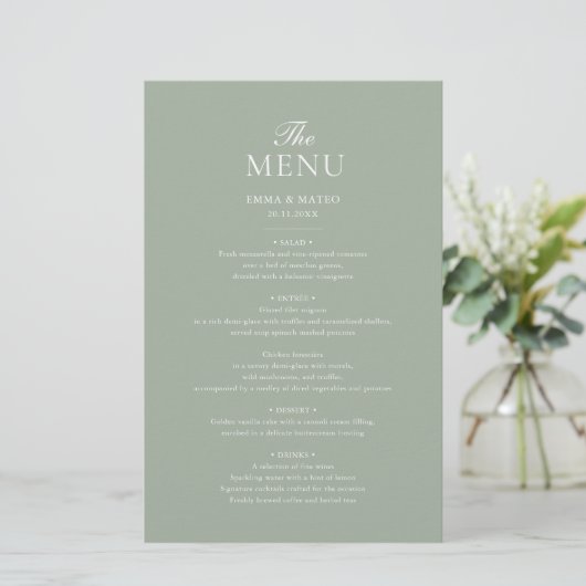 Menu Mariage minimaliste Élégant Sage Green (Debout devant)