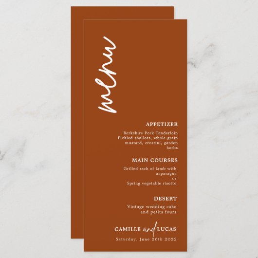 Menu Mariage minimaliste en terre cuite (Devant / Derrière)