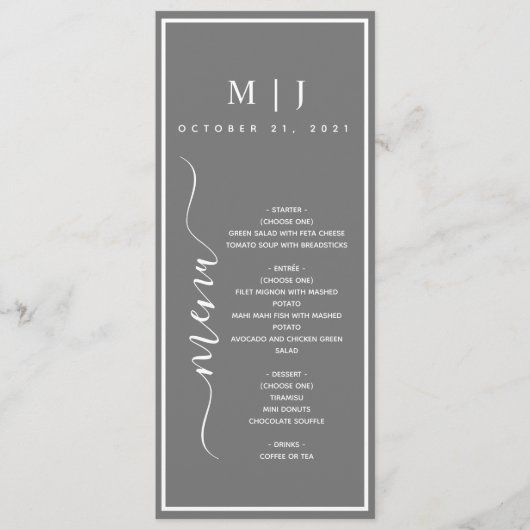 Menu Mariage minimaliste gris et blanc (Devant)