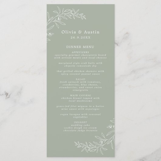 Menu Mariage minimaliste moderne boho vert sauge (Devant)
