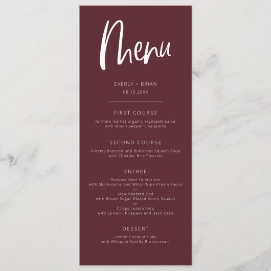 Menu Mariage minimaliste moderne Merlot (Devant)