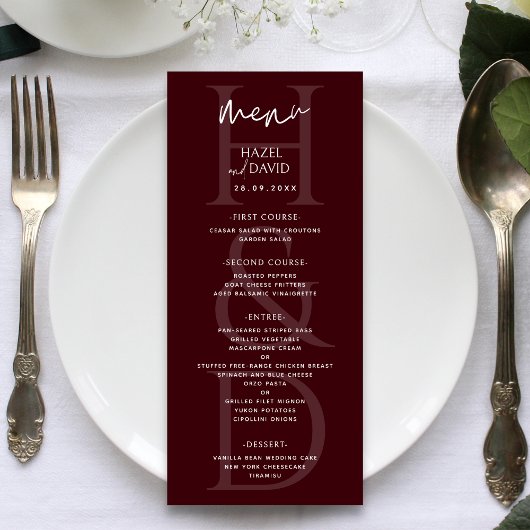 Menu Mariage Minimaliste Moderne Monogramme Bourgogne