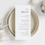 Menu Mariage minimaliste moderne noir blanc élégan<br><div class="desc">Donnez le ton pour votre réception de mariage ou événement spécial avec ce design de menu imprimé intemporel et élégant. Avec un agencement classique en noir et blanc aux accents de script sophistiqués, ce menu ajoute une touche raffinée à vos tables tout en guidant vos invités dans une expérience culinaire...</div>