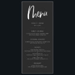 Menu Mariage minimaliste moderne noir charbon de b<br><div class="desc">Carte de menu minimaliste moderne pour le dîner mariage avec police de caractères boho script. La couleur arrière - plan est en noir de fusain avec des textes blancs.</div>