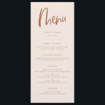 Menu Mariage minimaliste moderne rose pâle<br><div class="desc">Carte de menu minimaliste moderne pour le dîner mariage avec police de caractères boho script. La couleur arrière - plan est en rose vif avec des textes en terre cuite.</div>