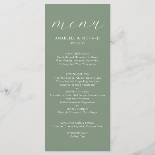 Menu Mariage Minimaliste Moderne Vert Sauge (Devant)