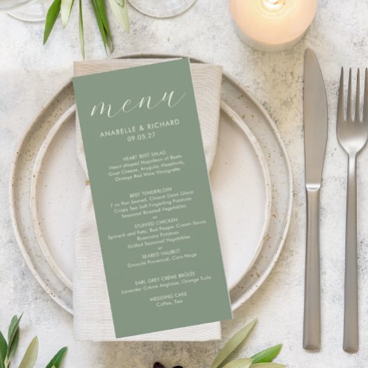 Menu Mariage Minimaliste Moderne Vert Sauge