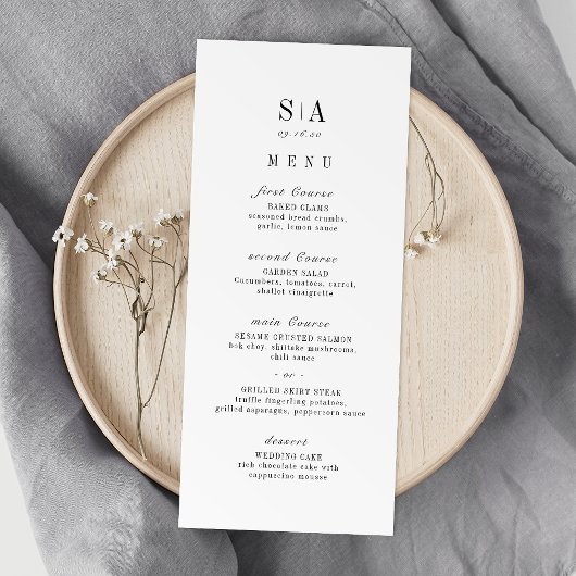 Menu Mariage minimaliste monogramme sophistiqué