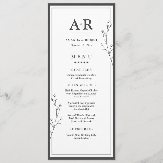 Menu Mariage Minimaliste Noir & Blanc (Devant)