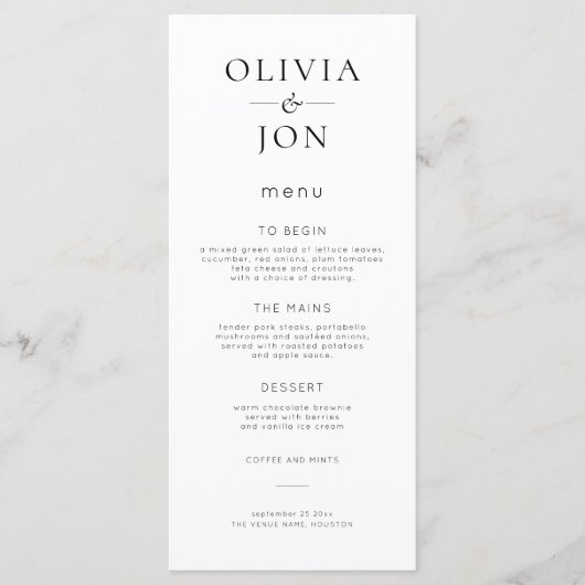 Menu Mariage Minimaliste Noir et Blanc (Devant)