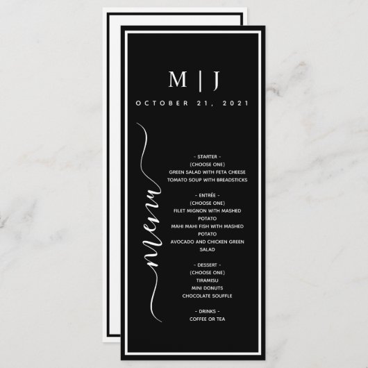 Menu Mariage minimaliste noir et blanc (Devant / Derrière)
