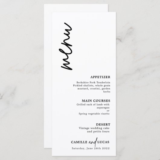 Menu Mariage minimaliste noir et blanc (Devant / Derrière)