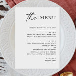 Menu Mariage minimaliste noir et blanc | Élégant<br><div class="desc">Mettez une tonalité intemporelle à votre réception avec cette carte de menu mariage noir et blanc élégante, avec une disposition minimaliste avec script chic et typographie serif. Parfait pour les mariages modernes, formels ou à cravate noire, ce design épuré présente vos cours dans un format élégant et facile à lire....</div>