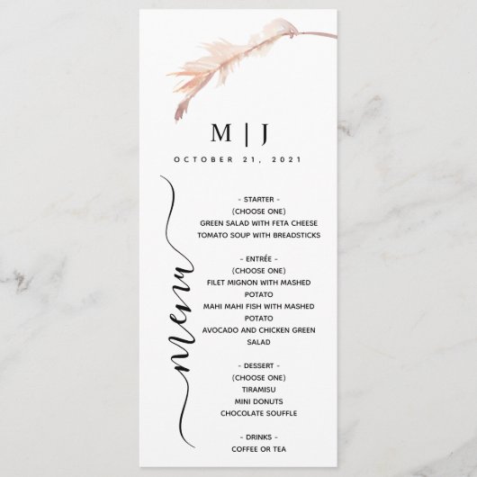 Menu Mariage minimaliste Pampas broussailleux (Devant)