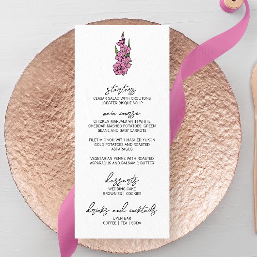 Menu Mariage minimaliste rose gladiolus