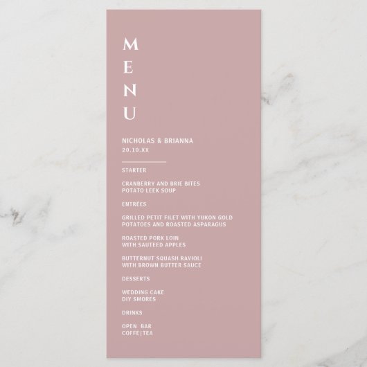 Menu Mariage Minimaliste Rose Poussiéreuse (Devant)