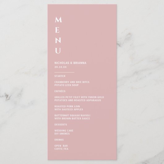 Menu Mariage Minimaliste Rose Poussiéreuse (Devant)