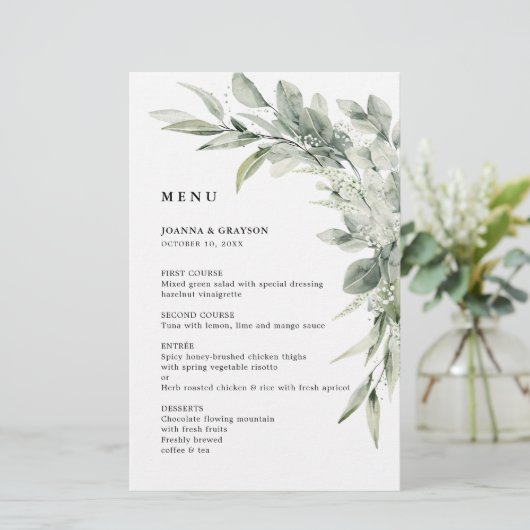 Menu Mariage minimaliste Sage Green Eucalyptus (Debout devant)