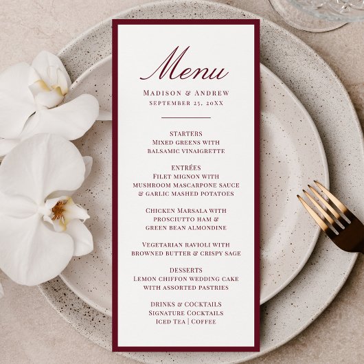 Menu Mariage Moderne à Bordure Bourgogne