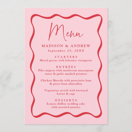 Menu Mariage moderne à cadre rose et rouge (Devant)