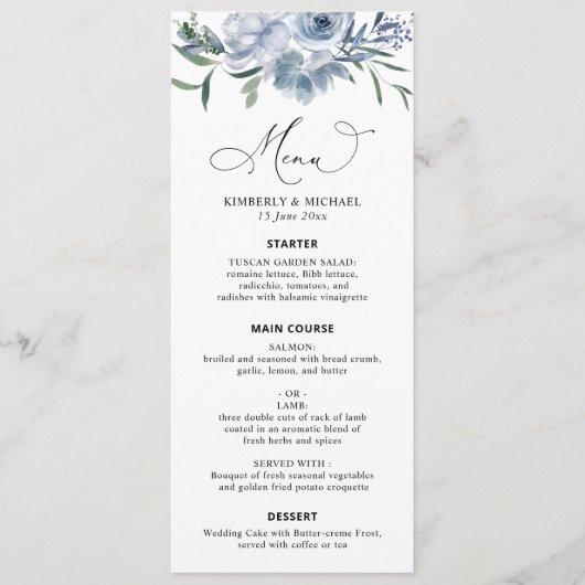 Menu mariage moderne à fleurs bleu poussiéreux (Devant)