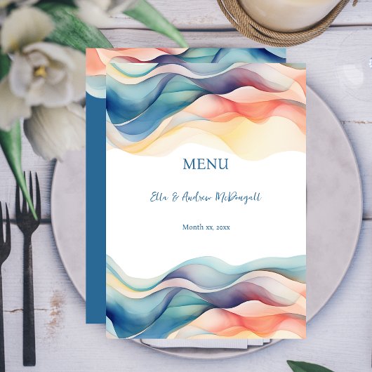 Menu Mariage Moderne Abstrait Vague de Couleur Bleue