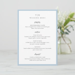Menu Mariage Moderne au Monogramme en Poudre Bleue Élég