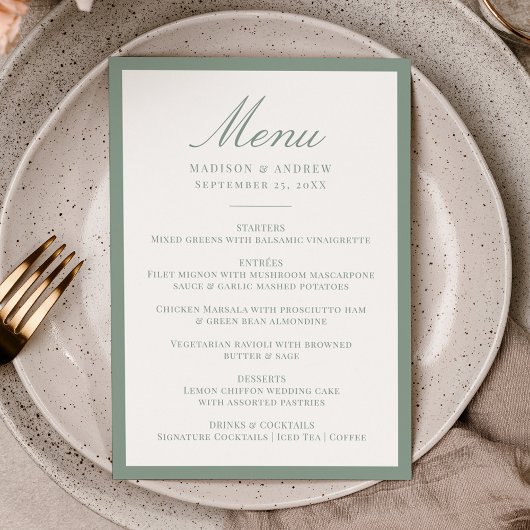 Menu Mariage Moderne avec Bordure Vert Sauge