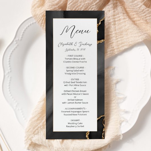 Menu Mariage moderne Black Gold Agate