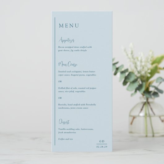 Menu Mariage Moderne Bleu Atténué avec Élégance (Debout devant)