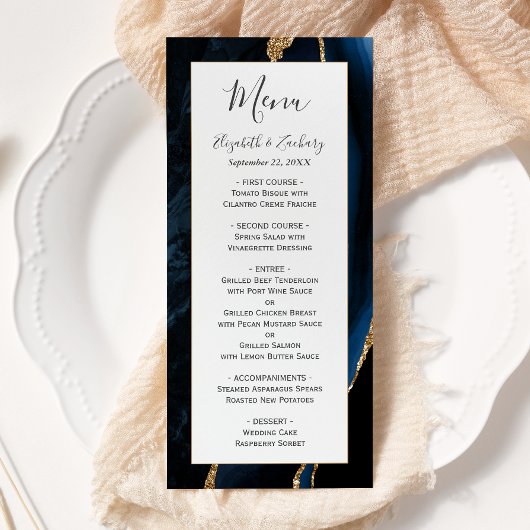 Menu Mariage Moderne Bleu Nuit Agate Or