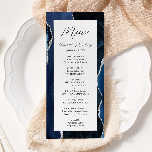 Menu Mariage Moderne Bleu Nuit Argent Agate