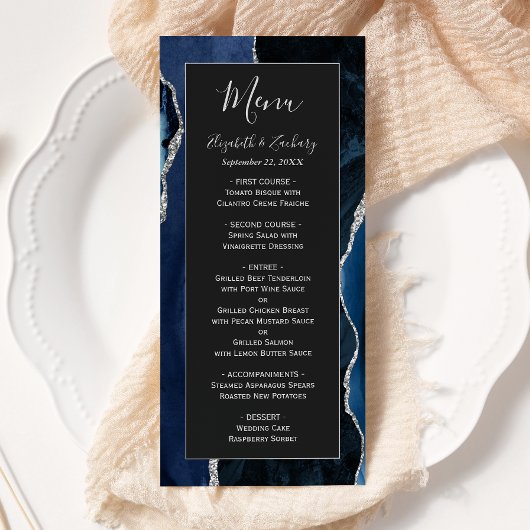 Menu Mariage Moderne Bleu Nuit Argent Agate Foncé