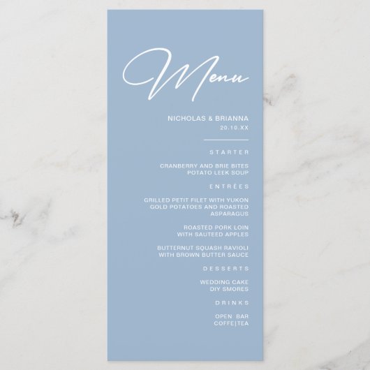 Menu Mariage Moderne Bleu Poussiéreux (Devant)
