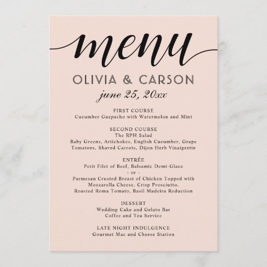 Menu Mariage moderne Blush et Black Script (Devant)