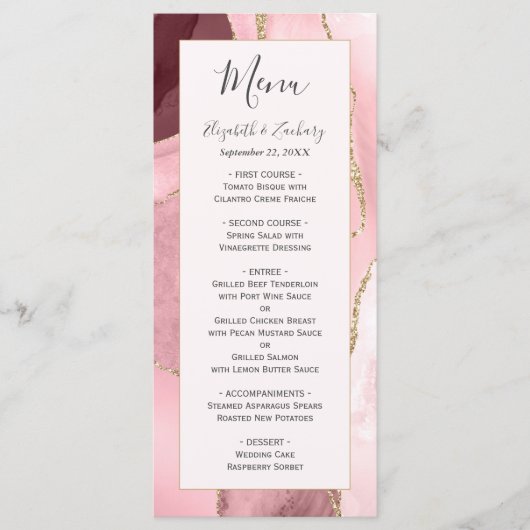 Menu Mariage moderne Blush Pink Gold Agate (Devant)