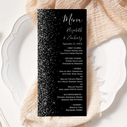 Menu Mariage Moderne Bordure Pailletée Noir Argent