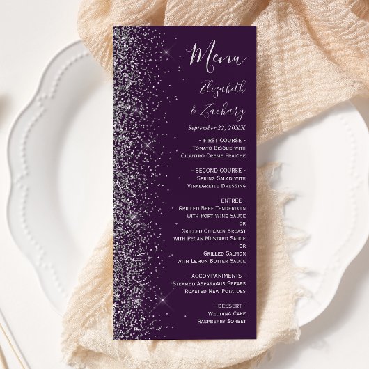 Menu Mariage Moderne Bordure Pailletée Violet Foncé Arg