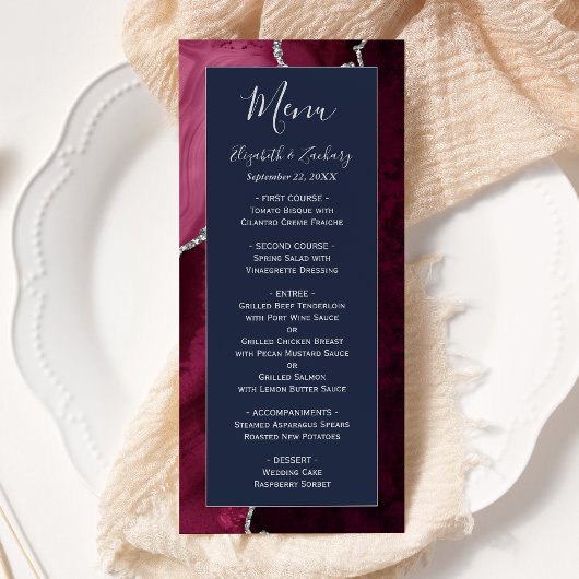 Menu Mariage Moderne Bourgogne Argent Agate Bleu Marine
