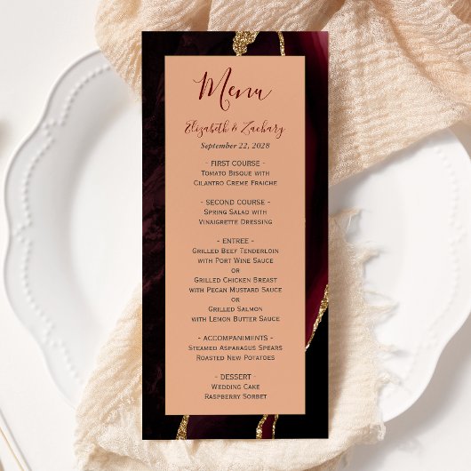 Menu Mariage Moderne Bourgogne Or Agate Pêche